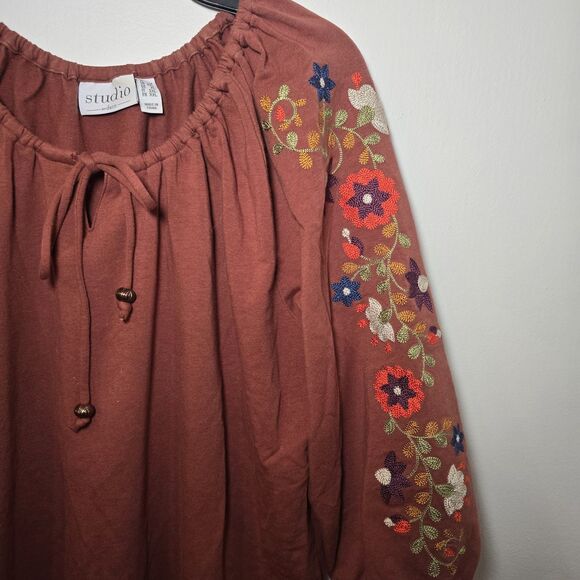 Denim & Co Floral Embroidered Milkmaid Babydoll Top Y2K Rust Brown 1X QVC Boho - Picture 6 of 7